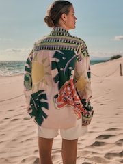 Cream Leopard Palm Print Relaxed Long Sleeve Cotton Lightweight Shirt - Image 3 of 5