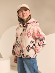 Ecru/Pink Abstract Hooded Zip Borg Fleece Jacket (3-16yrs) - Image 1 of 8