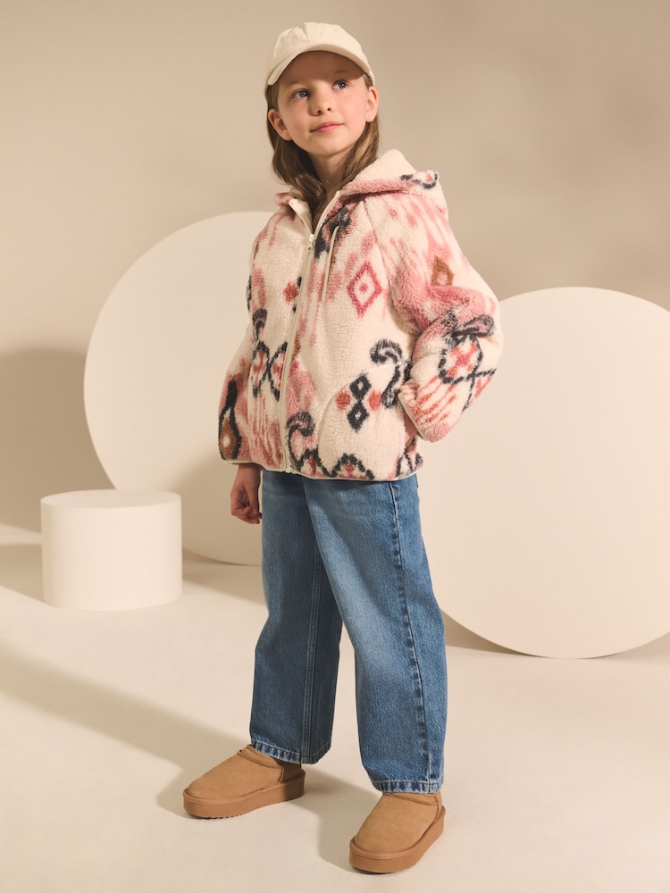 Ecru/Pink Abstract Hooded Zip Borg Fleece Jacket (3-16yrs) - Image 2 of 8