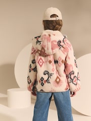 Ecru/Pink Abstract Hooded Zip Borg Fleece Jacket (3-16yrs) - Image 3 of 8