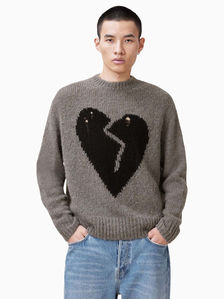 AllSaints Grey Luvheart Crew Jumper - Image 1 of 8