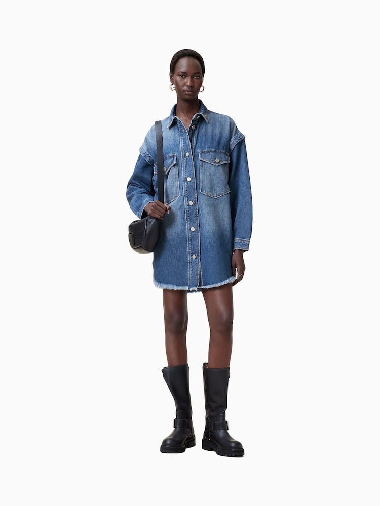AllSaints Blue Faye Snap Dress - Image 1 of 8