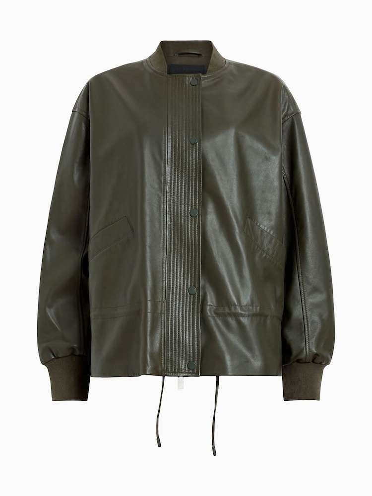 AllSaints Green Sofi Leather Bomber Jacket - Image 11 of 11