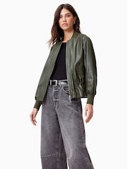 AllSaints Green Sofi Leather Bomber Jacket - Image 6 of 11