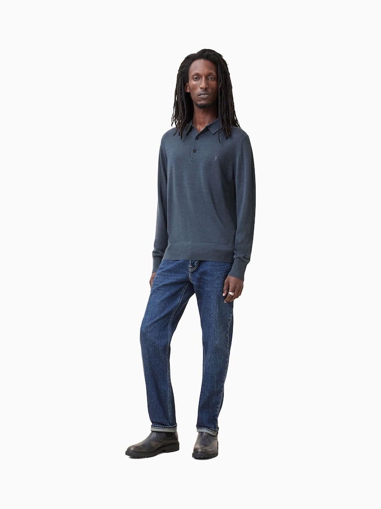 AllSaints Blue Mode Merino Long Sleeve Polo Shirt - Image 1 of 5