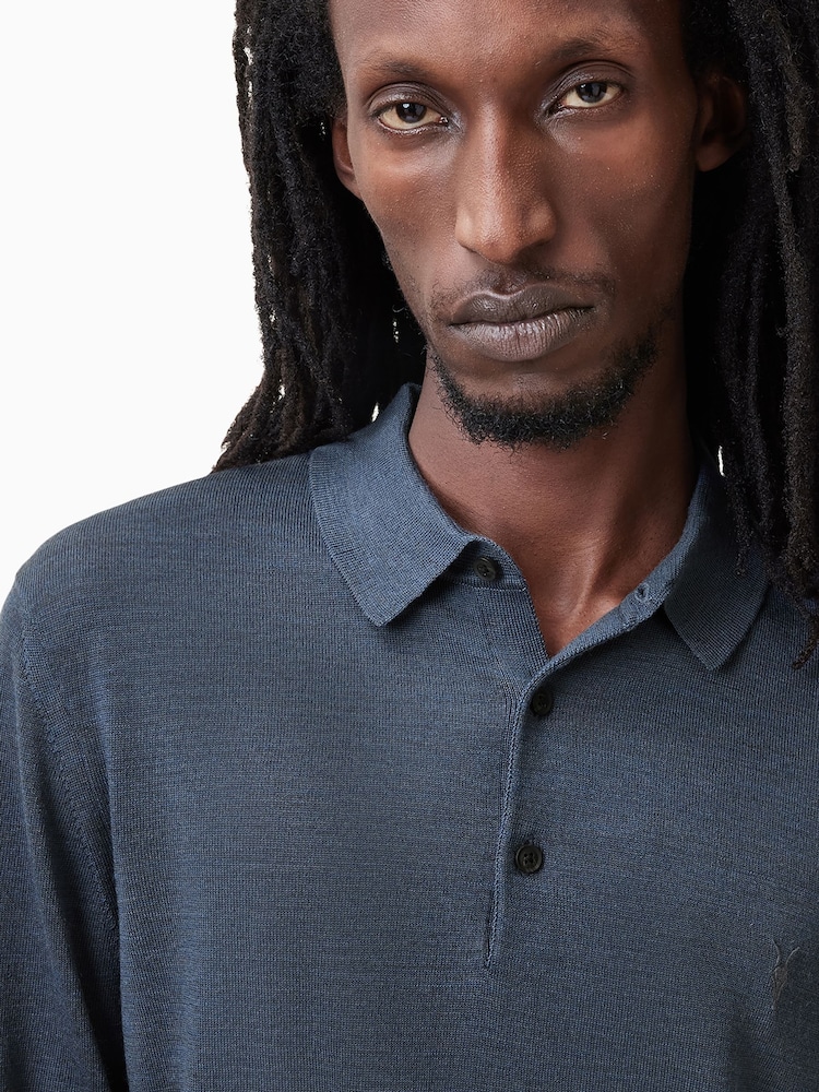 AllSaints Blue Mode Merino Long Sleeve Polo Shirt - Image 2 of 5