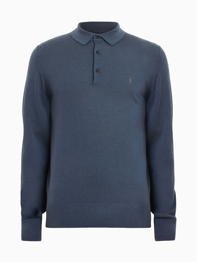 AllSaints Blue Mode Merino Long Sleeve Polo Shirt - Image 5 of 5