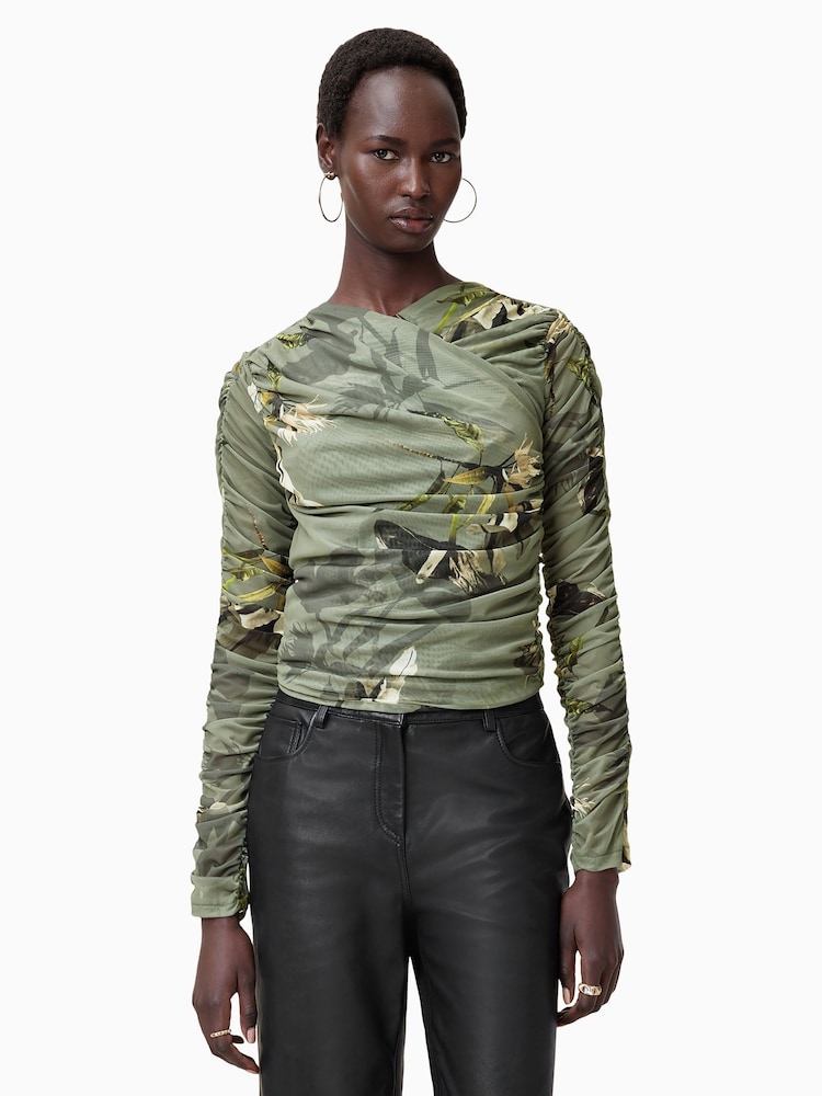 AllSaints Green Hanako Mesh Top - Image 4 of 8