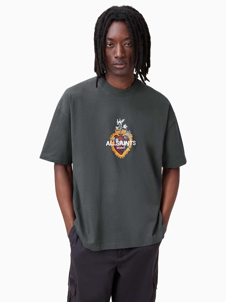 AllSaints Grey Heartfelt Short Sleeve Crew 100% Organic Cotton T-Shirt - Image 1 of 9