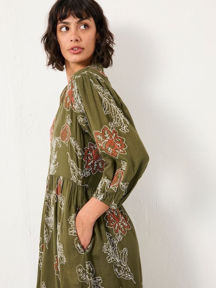 haggar classic fit dress pants Olive Green Mirror Work Embroidered Cotton Paneled Midi Dress 30