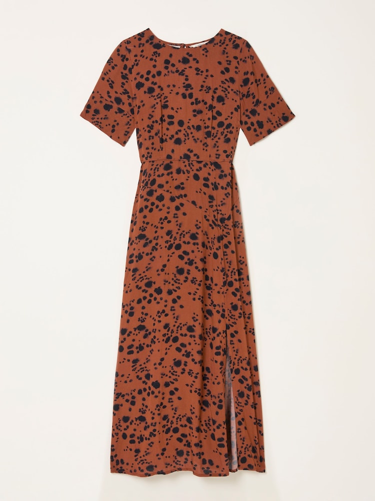 FatFace Winona Tan Brown Animal Spot Midi Dress - Image 1 of 1