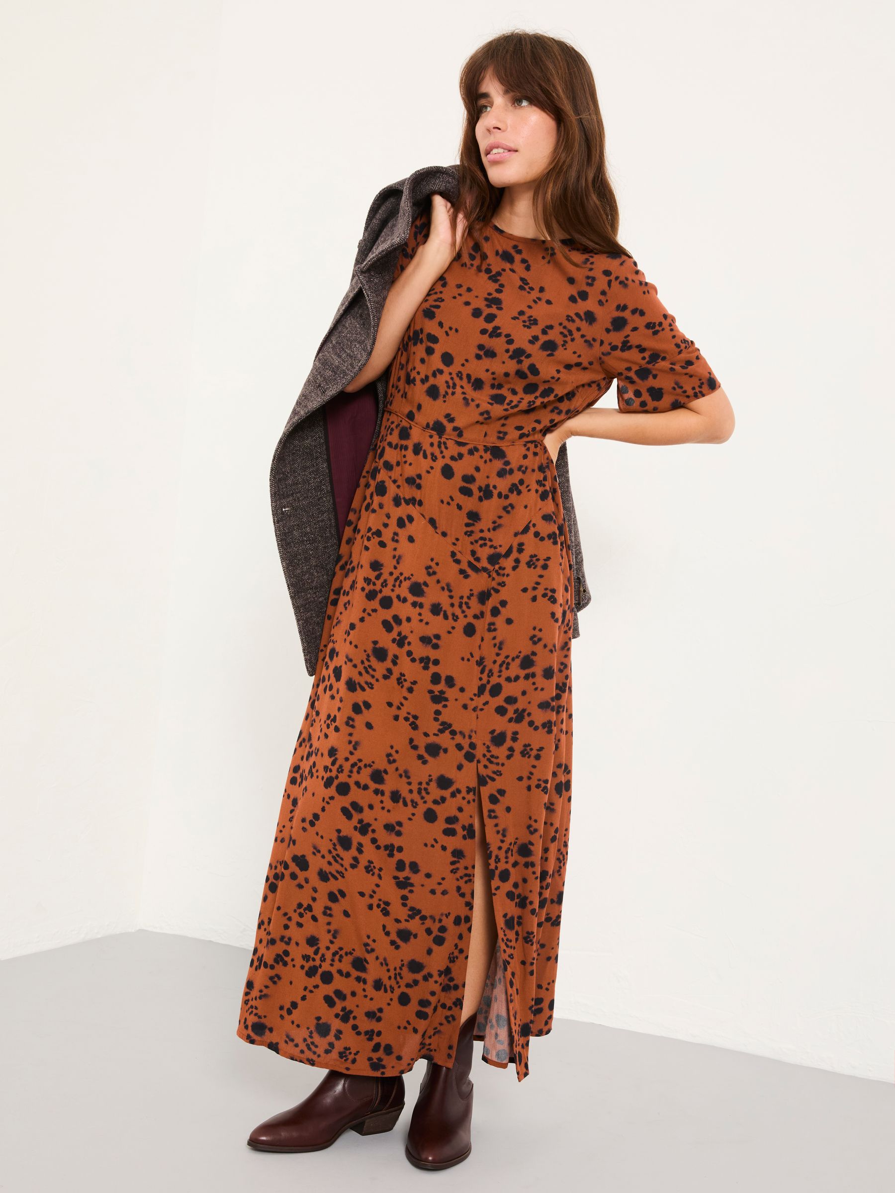 Fat Face Women's Tan Brown Animal Spot Fatface Winona Midi Dress