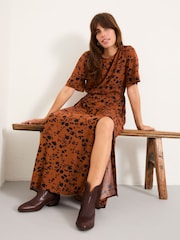 FatFace Winona Tan Brown Animal Spot Midi Dress - Image 4 of 7