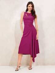 Lipsy Pink Sleeveless Ruched Front Asymmetrical Midi Dress - Image 1 of 4