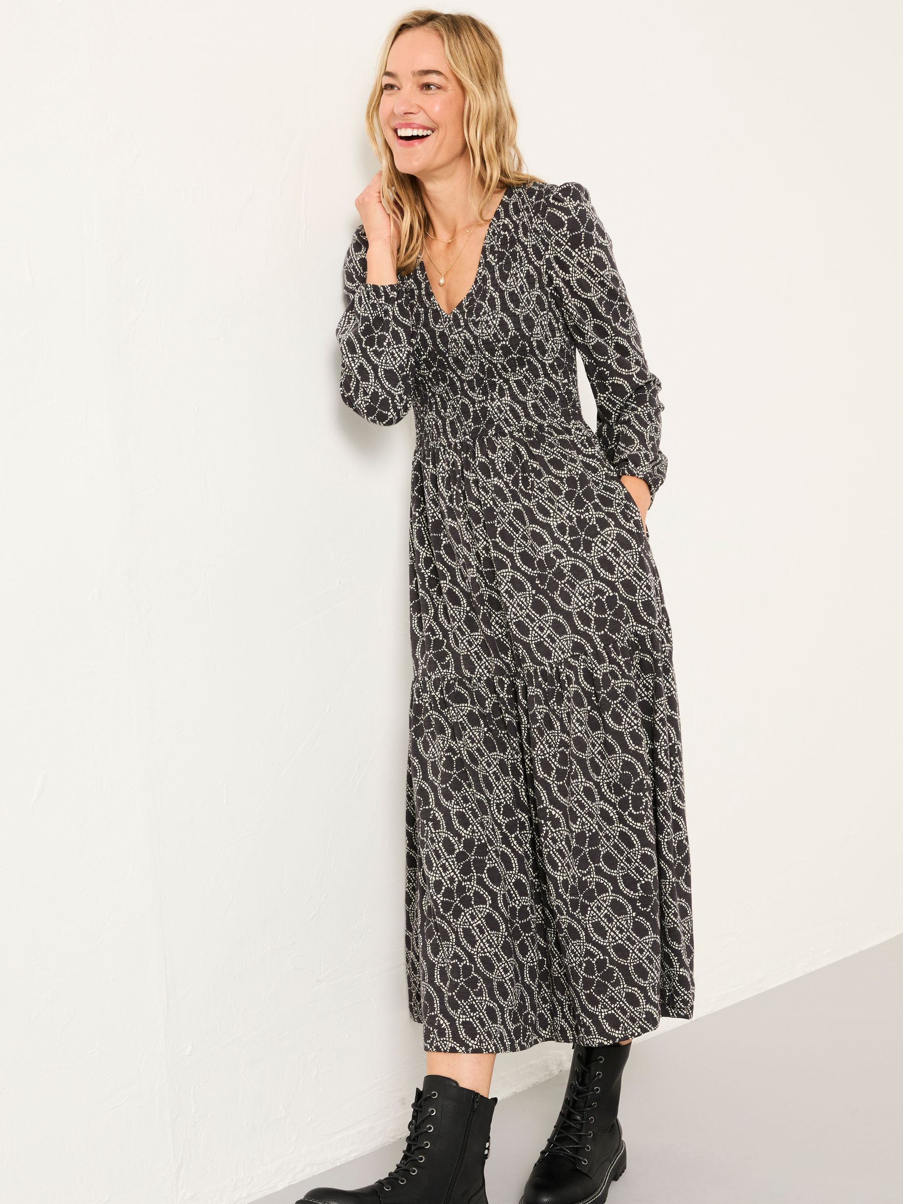 Buy FatFace Danielle Graphite Grey Texture Floral Midi Jersey