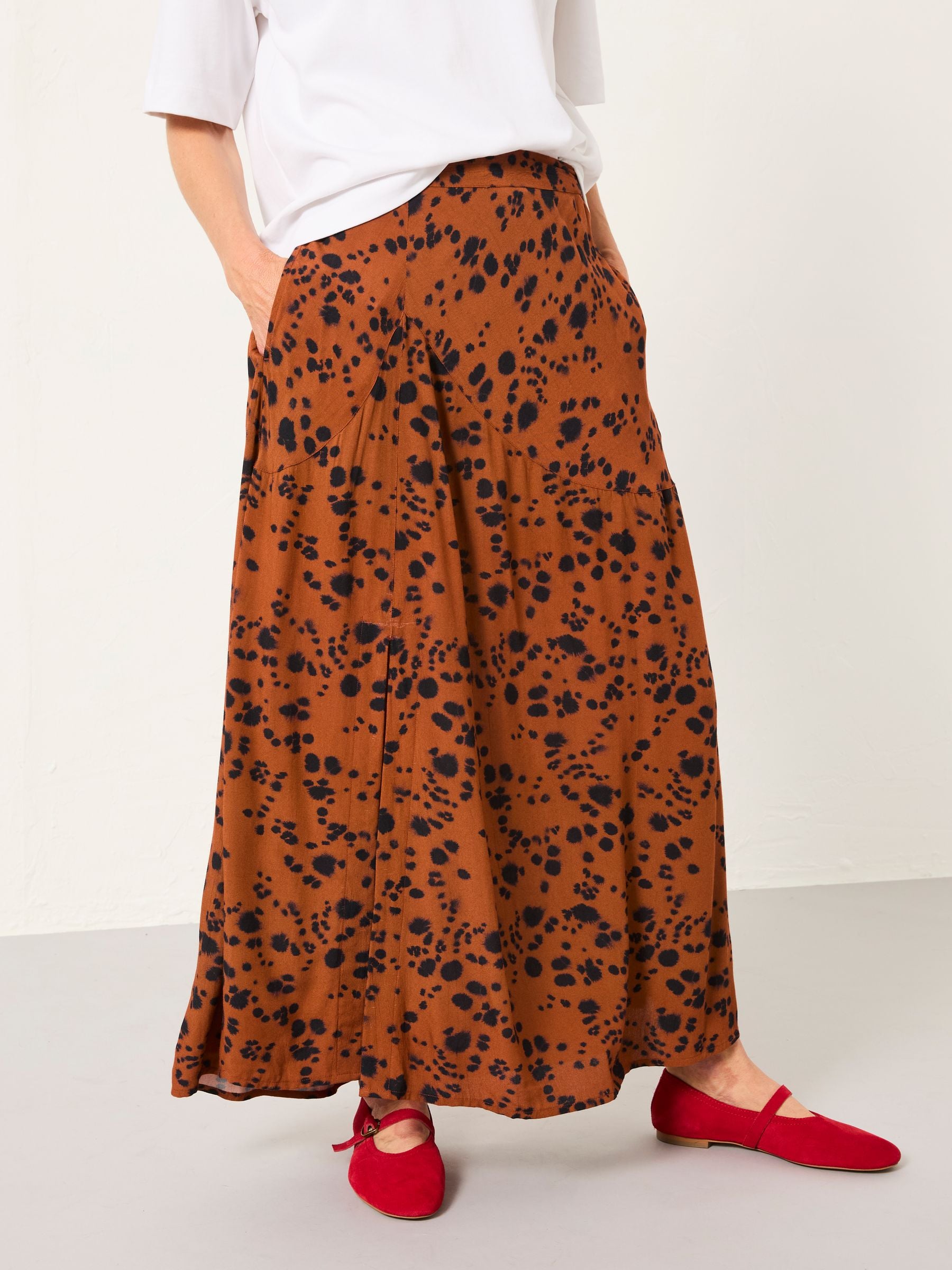 FatFace Skye Tan Brown Animal Spot Midi Skirt - Size 8 R - Viscose
