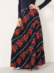 FatFace Anika Navy Folk Floral Midi Skirt - Image 1 of 6