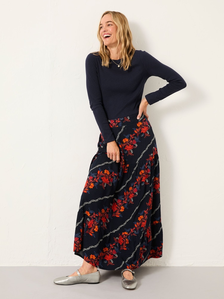 FatFace Anika Navy Folk Floral Midi Skirt - Image 1 of 6 FatFace Anika Navy Folk Floral Midi Skirt - Image 1 of 6
