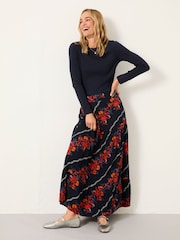 FatFace Anika Navy Folk Floral Midi Skirt - Image 4 of 6