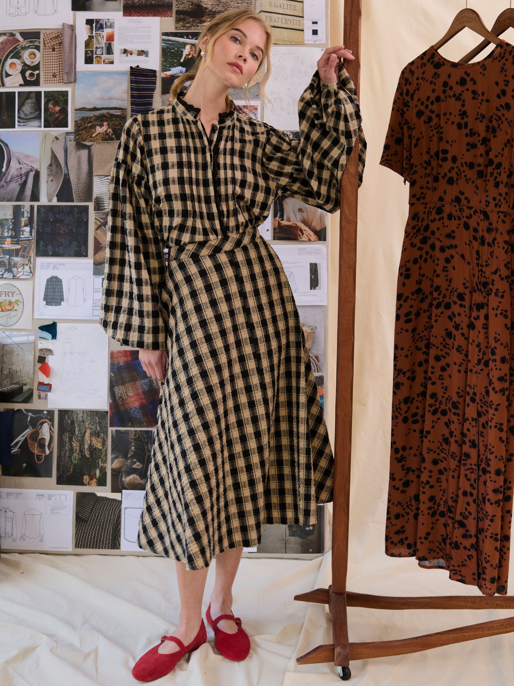 Fatface Tilda Black Check Midi Skirt
