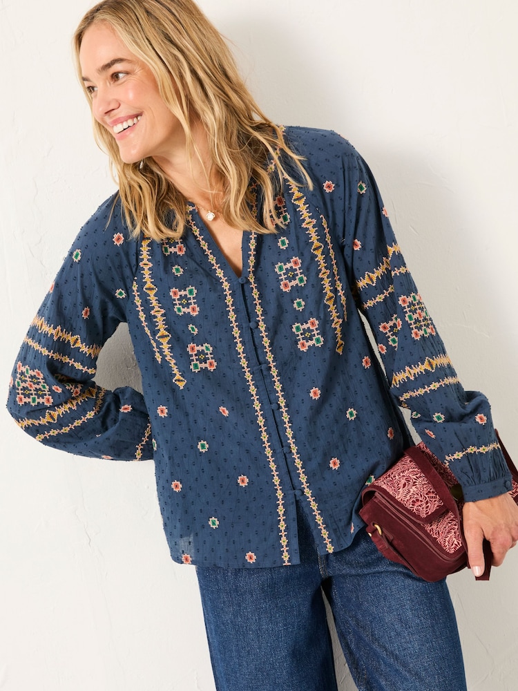 FatFace Navy Blanket Embroidered Blouse - Image 1 of 5