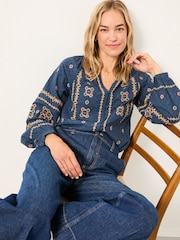 FatFace Navy Blanket Embroidered Blouse - Image 4 of 5