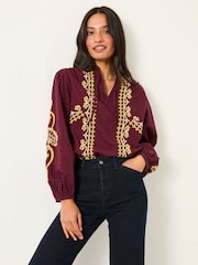 FatFace Burgundy Red Garratt Embroidered Blouse - Image 1 of 6