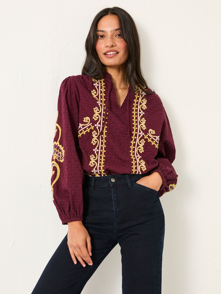 FatFace Burgundy Red Garratt Embroidered Blouse - Image 1 of 6