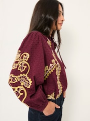 FatFace Burgundy Red Garratt Embroidered Blouse - Image 4 of 6