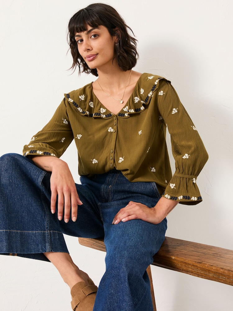 FatFace Etta Olive Green Embroidered Blouse - Image 1 of 6 FatFace Etta Olive Green Embroidered Blouse - Image 1 of 6
