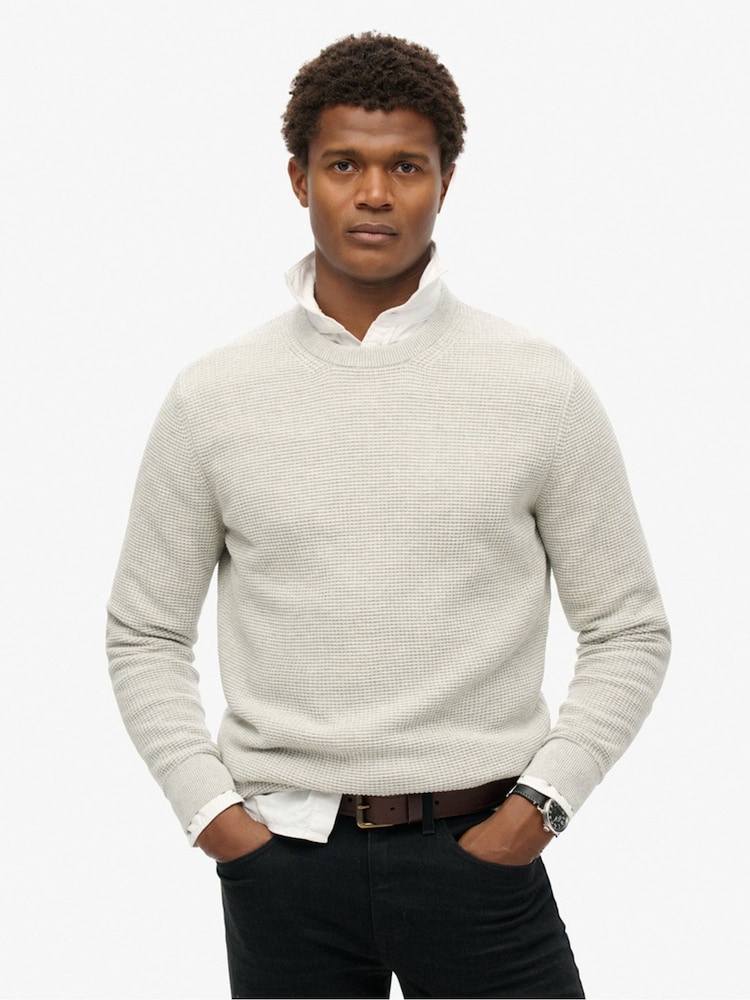 Superdry Grey Textured Crew Knitted 100% Cotton Jumper - Image 1 of 5