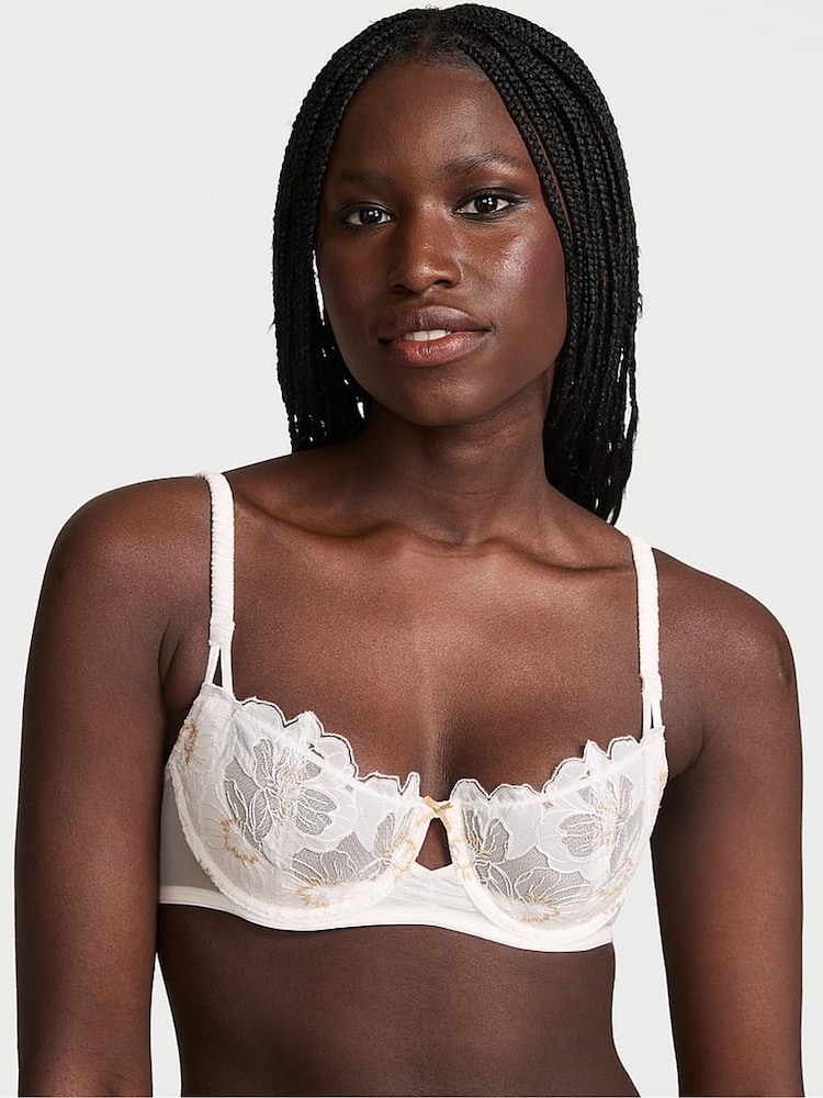 Victoria's Secret White Unlined Balcony Peony Embroidery Bra - Image 1 of 3
