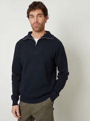 Threadbare Navy Rib Panel Quarter Zip Jumper - Image 1 of 4