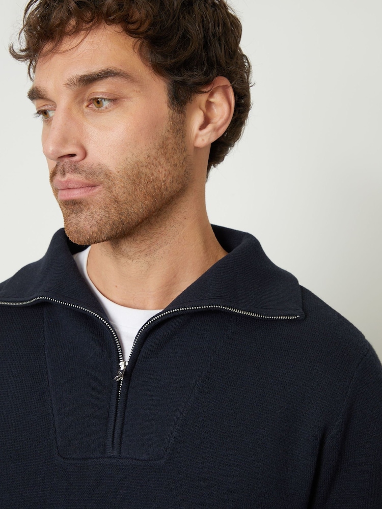 Threadbare Navy Rib Panel Quarter Zip Jumper - Image 3 of 4