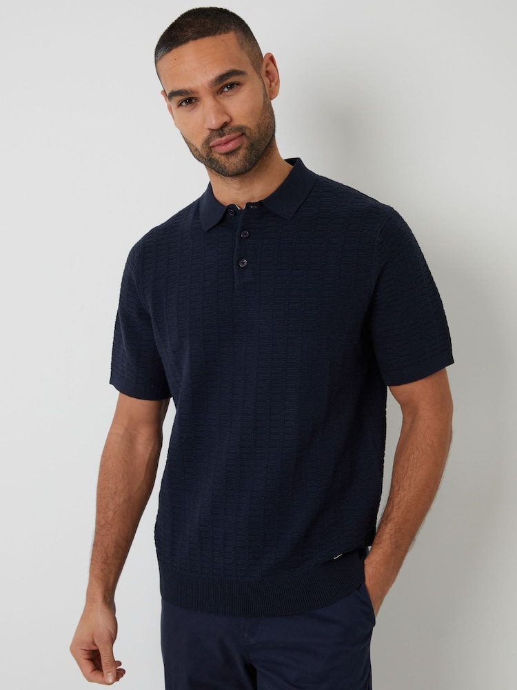 Threadbare Navy Cotton Mix Short Sleeve Textured Knitted Polo Shirt - Image 1 of 4