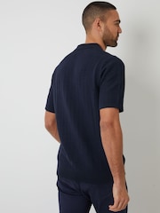 Threadbare Navy Cotton Mix Short Sleeve Textured Knitted Polo Shirt - Image 2 of 4
