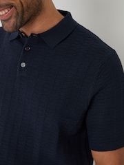 Threadbare Navy Cotton Mix Short Sleeve Textured Knitted Polo Shirt - Image 4 of 4