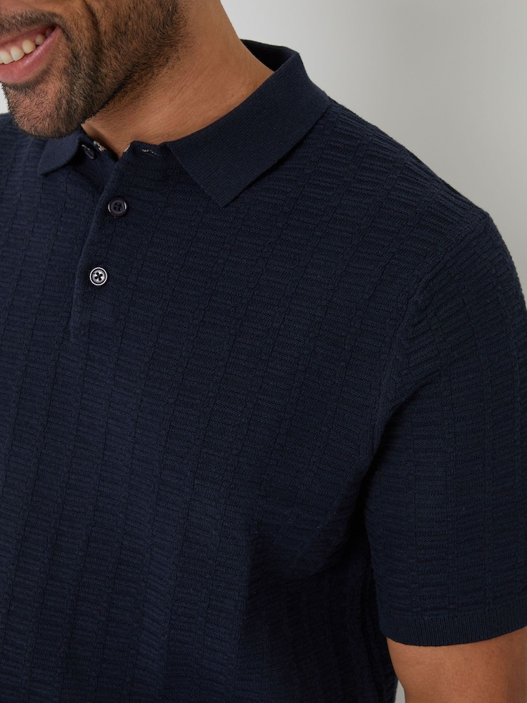 Threadbare Navy Cotton Mix Short Sleeve Textured Knitted Polo Shirt - Image 4 of 4