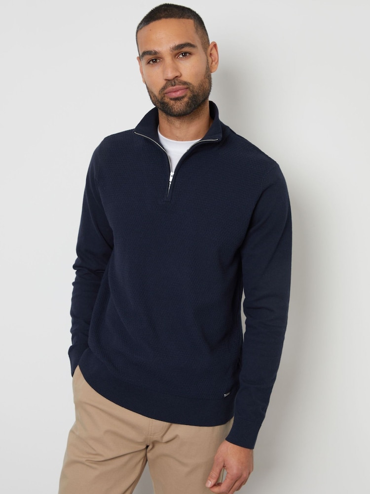 Threadbare Navy Basket Stitch Mock T-Shirt Quarter Zip Jumper - Image 1 of 4