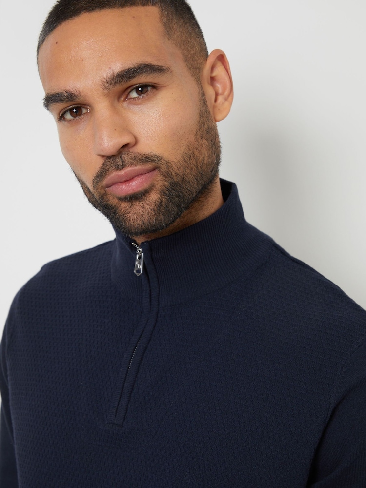 Threadbare Navy Basket Stitch Mock T-Shirt Quarter Zip Jumper - Image 3 of 4