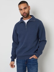 Threadbare Denim Blue Rib Panel Quarter Zip Jumper - Image 1 of 4