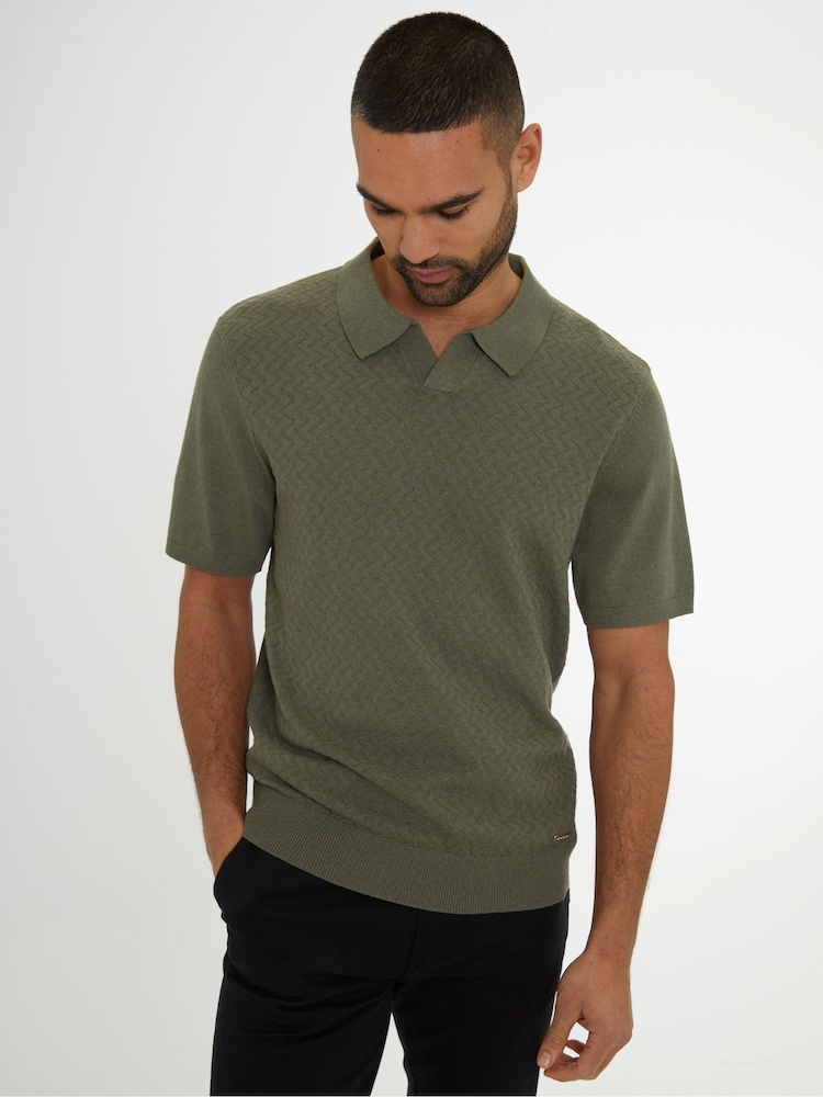 Threadbare Green Textured Front Knitted Trophy Neck Polo Shirt - Image 1 of 4