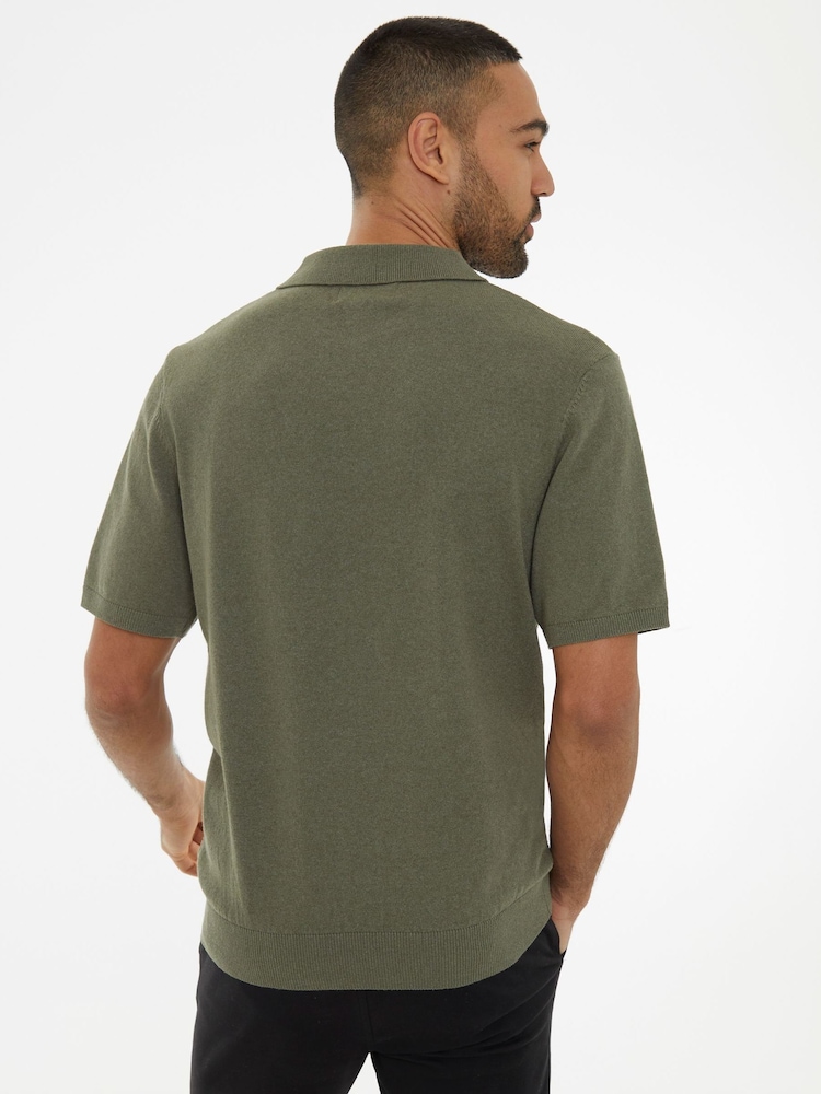 Threadbare Green Textured Front Knitted Trophy Neck Polo Shirt - Image 2 of 4