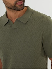 Threadbare Green Textured Front Knitted Trophy Neck Polo Shirt - Image 4 of 4