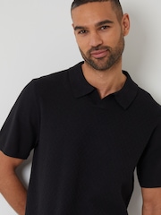 Threadbare Black Textured Front Knitted Trophy Neck Polo Shirt - Image 1 of 4