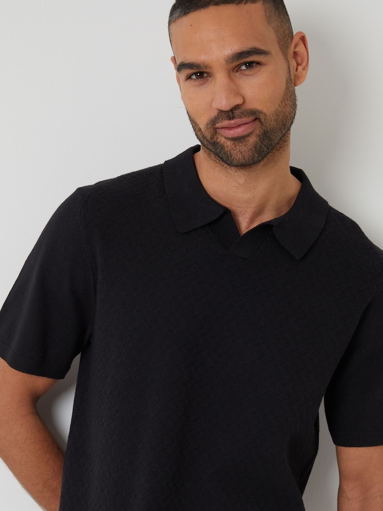 Threadbare Black Textured Front Knitted Trophy Neck Polo Shirt - Image 1 of 4
