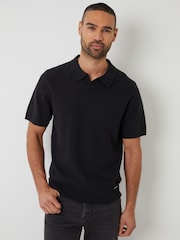 Threadbare Black Textured Front Knitted Trophy Neck Polo Shirt - Image 2 of 4