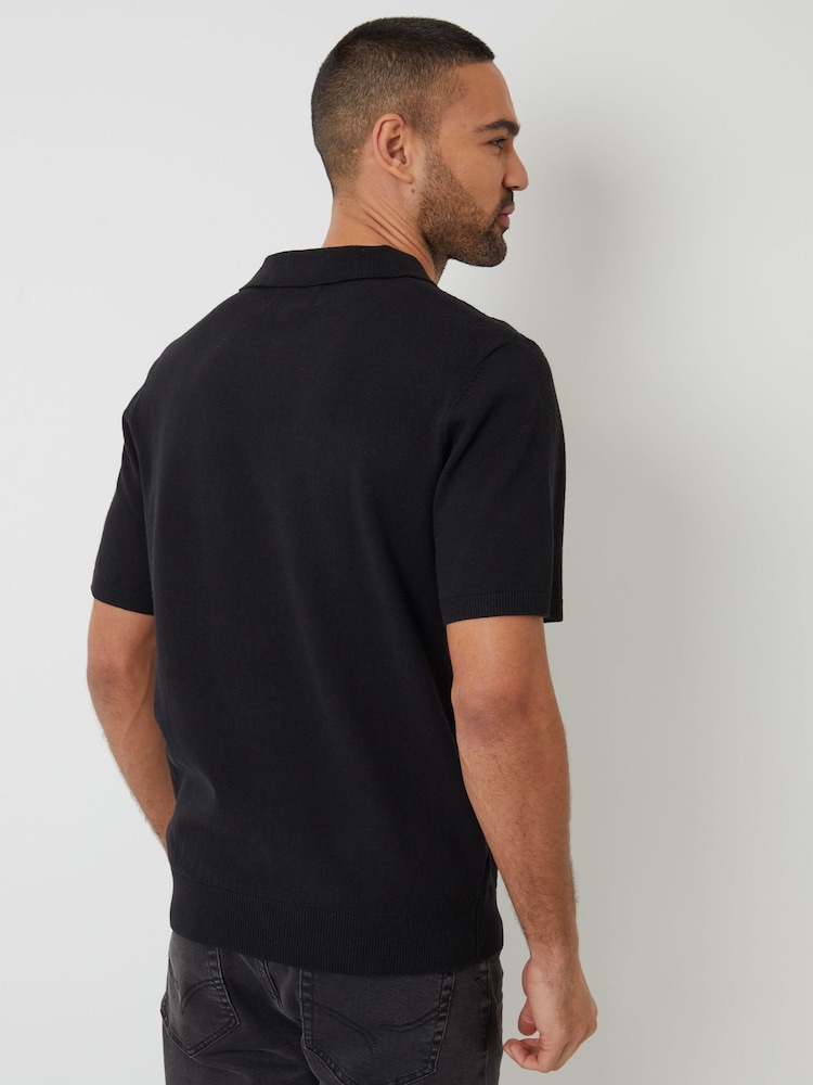 Threadbare Black Textured Front Knitted Trophy Neck Polo Shirt - Image 3 of 4