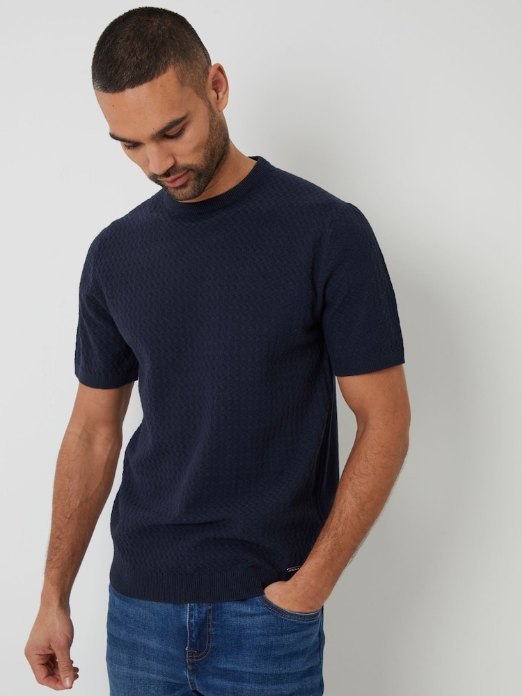 Threadbare Navy Textured Front Knitted T-Shirt - Image 1 of 4 Threadbare Navy Textured Front Knitted T-Shirt - Image 1 of 4