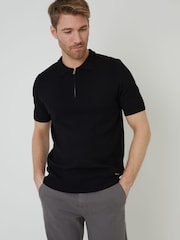 Threadbare Black Quarter Zip Textured Trim Knitted Polo Shirt - Image 1 of 4